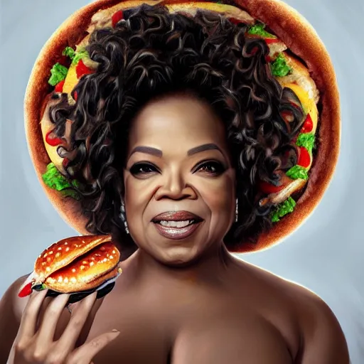 Prompt: portrait of oprah winfrey with bright red eyes, eating a huge hamburger, extra bacon lettuce and tomato, fantasy, intricate, elegant, highly detailed, digital painting, artstation, concept art, matte, sharp focus, illustration, art by aenaluck and roberto ferri and greg rutkowski, epic fantasy, digital painting