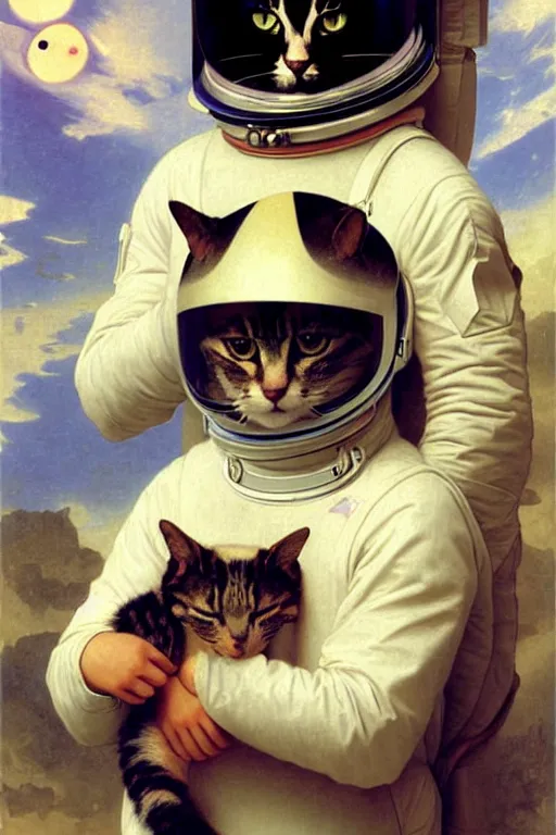 Prompt: portrait of a cat astronaut with spacesuit and helmet, majestic, solemn, by bouguereau