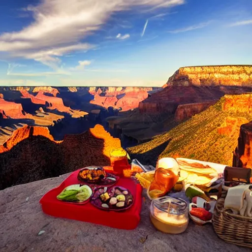 Image similar to a picnic at the bottom of the grand canyon, golden hour