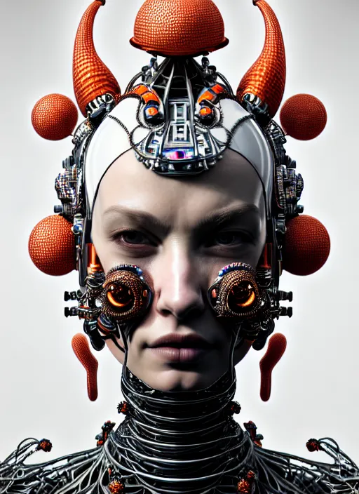 Prompt: portrait of an absurdly ugly, awful disgusting, sophisticated, fashionable cyberpunk mechanoid, hyperdetailed illustration by irakli nadar and alexandre ferra, intricate linework, white porcelain skin, faberge, coral headdress, unreal engine 5 highly rendered, global illumination, radiant light, detailed and intricate environment