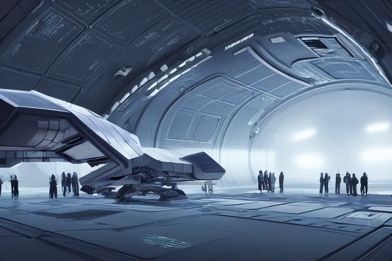 Prompt: a huge futuristic spacecraft in a hangar, cinematic lighting, low angle, tiny people standing near the spacecraft, concept art