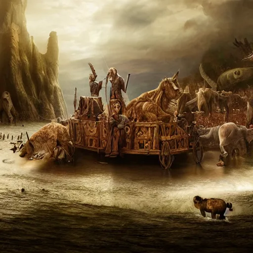 Prompt: an extremely detailed matte painting of the animals leaving noah's ark, 4 k, noah from the bible as a wizard, antediluvian, in the style of epic fantasy