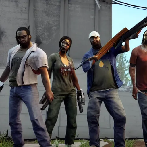 Prompt: photo of left 4 dead team holding weapons and ready for a fight, unreal engine high resolution detailed 8 k