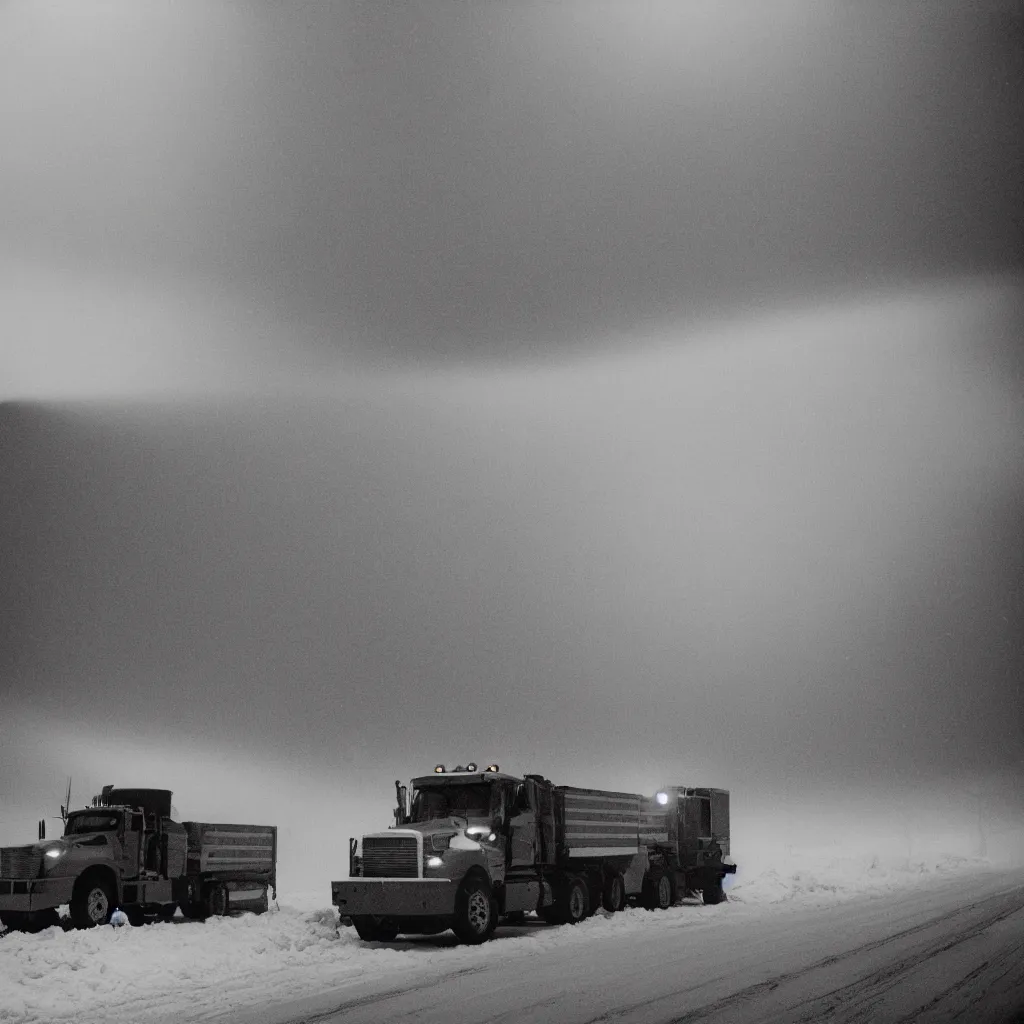 Image similar to photo, big snow plow truck is in the distance with a bright headlighta. cold color temperature, snow storm. hazy atmosphere. humidity haze. kodak ektachrome, greenish expired film, award winning, low contrast,