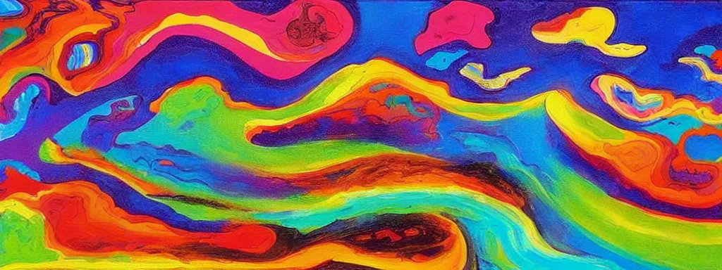 Image similar to Psychedelic sci-fi dreamworld. Landscape painting. Organic. Winding rushing water. Waves. Clouds. Peter Max.