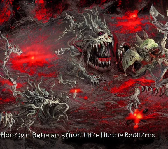 Image similar to the aftermath of a nightmare battle of horror creatures, crimson sun stains H 576