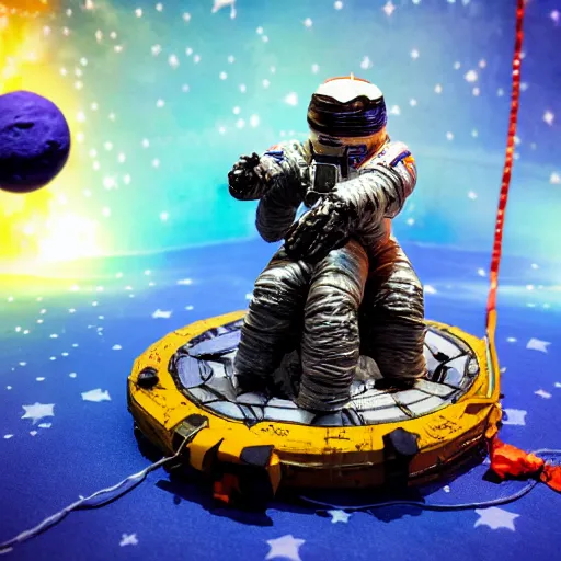 Image similar to a space admiral tethered to an asteroid, with spaceship, space backdrop, everything made of papier - mache canon 5 d 5 0 mm lens, diorama, newspaper,