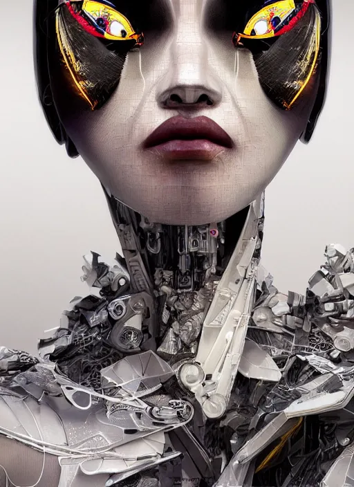 Image similar to close up portrait of a futuristic geisha cyborg, in the style of ghost in the shell, kintsugi, modern fine art, fractal, intricate, elegant, highly detailed, digital photography, richard avedon and greg rutkowski,