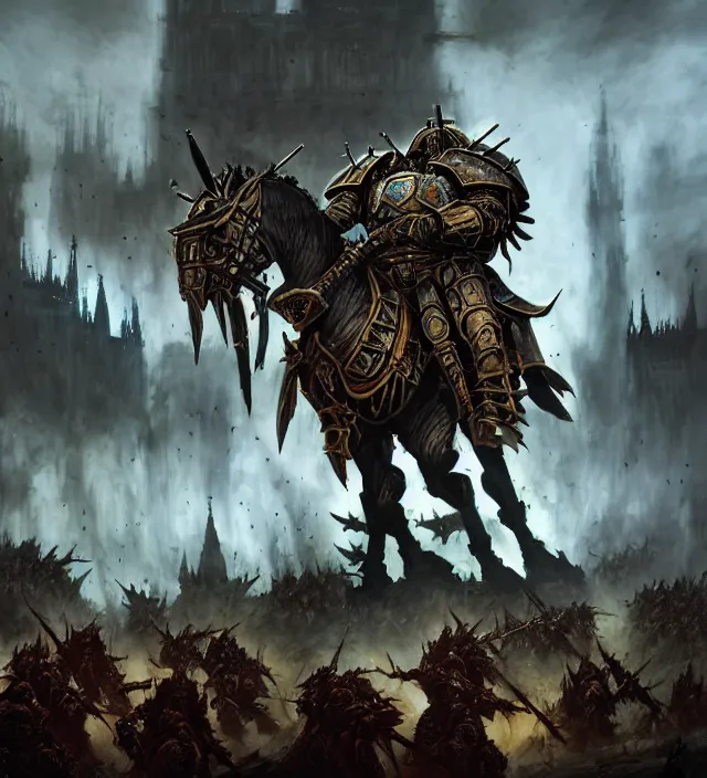 Image similar to armor _ portrait _ heros _ warhammer _ 4 _ 0 _ k _ - pestilence, nurgle warrior, champion _ the _ primarchs _ emperor _ by _ johannes _ helgeson _ animated _ with _ vfx _ concept _ artist _ _ with cathedrals in the background, battlefield, army fighting, undead illustrated by ruan jia