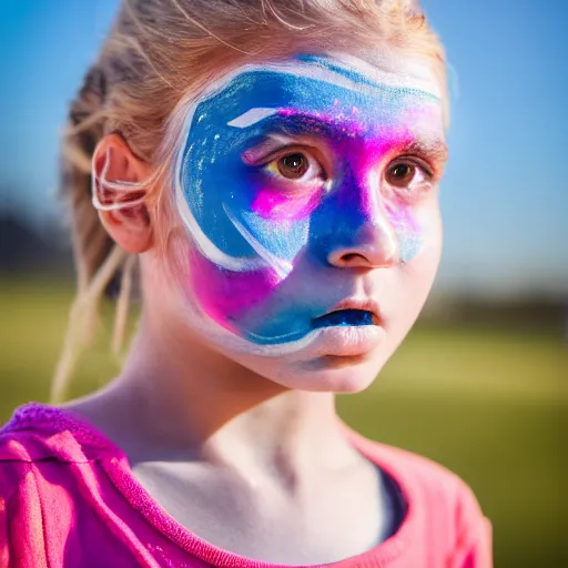 Image similar to a portrait of a abstract girl who has face - painting like abstract object. depth of field. lens flare