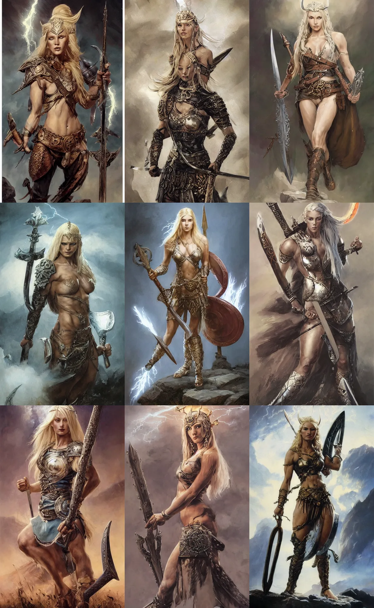 Prompt: A mixed media painting of the beautiful blonde viking goddess of war with a sword of lightning, very aesthetic, detailed face, by Frank Frazetta, Greg Rutkowski, Boris Vallejo, Beeple, Christian MacNevin, epic fantasy character art, goddess of anger, viking runes, high fantasy, CGsociety, full length, exquisite detail, post-processing, low angle, masterpiece, cinematic, odin's stone arena background