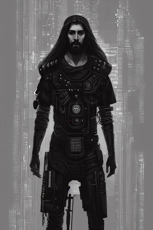 Image similar to a full length portrait of cyberpunk jesus, grim - lighting, high - contrast, intricate, elegant, highly detailed, digital painting, artstation, concept art, smooth, sharp focus, illustration