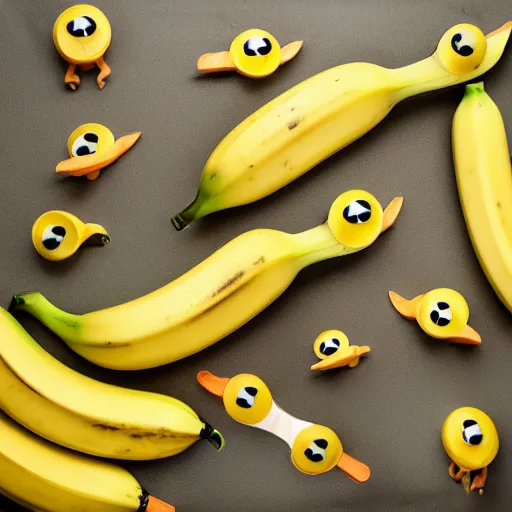 Image similar to professional photograph of banana ducks, peeled bananas with googly eyes and duck beaks