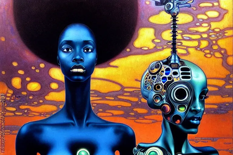 Image similar to realistic extremely detailed portrait painting of a beautiful black woman with a robot, futuristic sci-fi landscape on background by Jean Delville, Amano, Yves Tanguy, Mark Brooks, Alphonse Mucha, Ernst Haeckel, Edward Robert Hughes, Roger Dean, rich moody colours, blue eyes