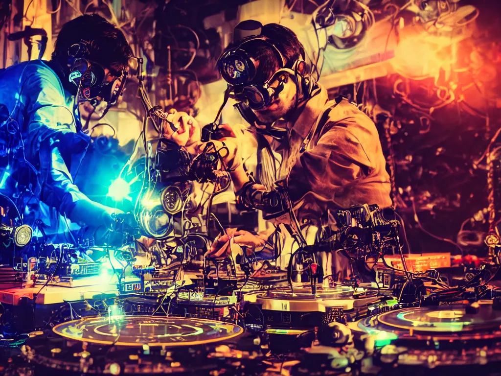 Image similar to a person wearing goggles and visor and headphones using a steampunk record player contraption, wires and tubes, turntablism dj scratching, intricate planetary gears, cinematic, imax, sharp focus, leds, bokeh, iridescent, black light, fog machine, hazy, lasers, hyper color digital art, cyberpunk