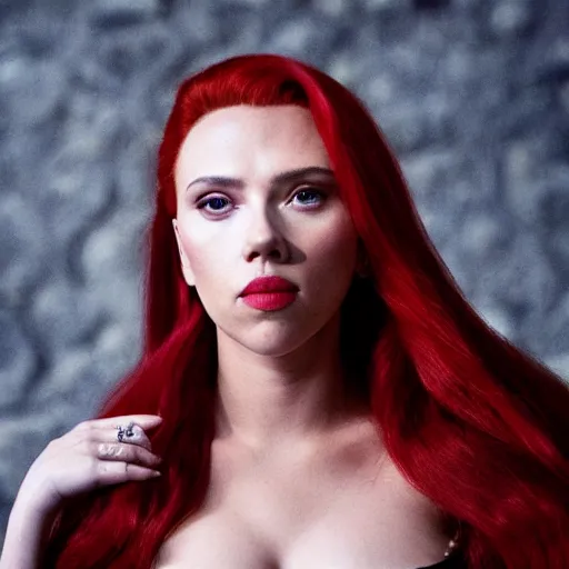 Image similar to scarlett johansson modeling as melisandre from game of thrones, photograph