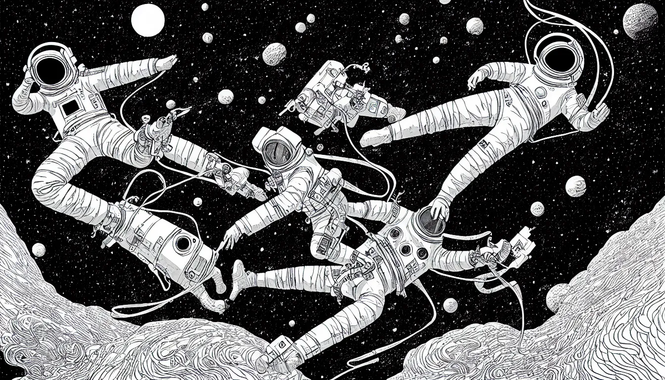 Prompt: floating through space in a space suit by nicolas delort, moebius, victo ngai, josan gonzalez, kilian eng