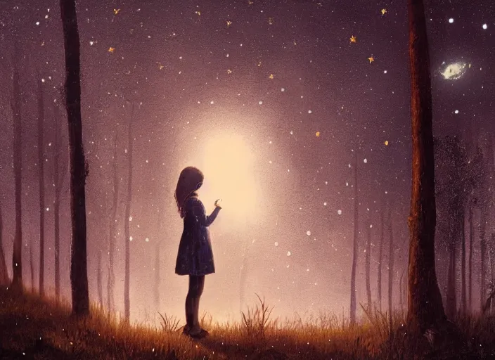 Image similar to girl on the front lawn looking into a telescope up at the stars, night time, forest in the distant background by Greg Rutkowski,