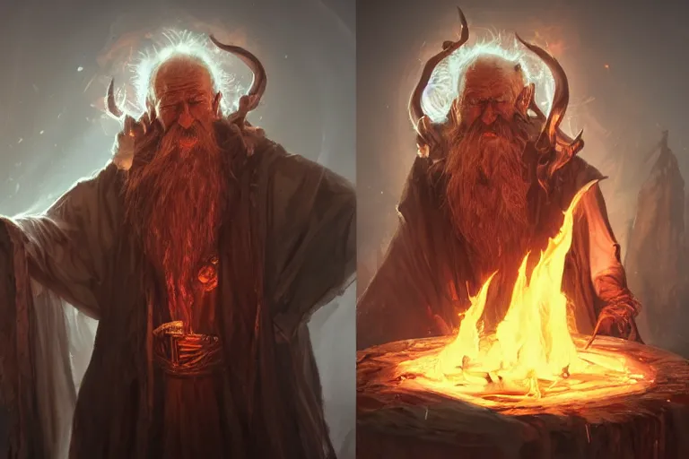 Image similar to old man looks like wizard sorcerer magician warlock spell-caster, bonfire, fire particles, darkness, diablo digital concept art, artwork by Tyler Edlin + Simon Bisley, artstation, very detailed facial structure, 8k