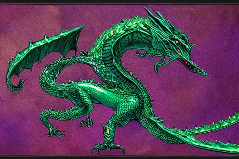 Image similar to emerald dragon wyrmling yawned by the growl, art by brian lee durfee, trending on artstation, dramatic violet and purple lighting microscopic view gigapixel, ambrotype, in the silver hour, hdr, historicism