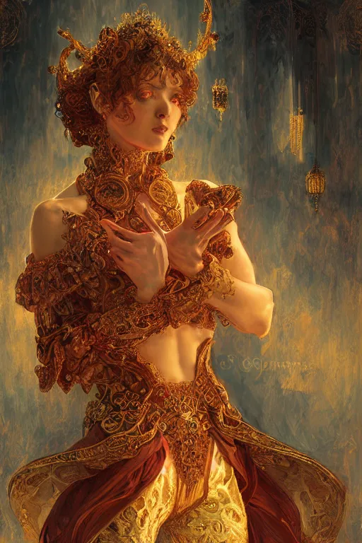 Image similar to tarot card artstation, portrait of an irish love dancer, sunrise, baroque ornamnet and rococo ornament, ancient chinese ornate, hyperdetailed, beautiful lighting, craig mullins, mucha, klimt, yoshitaka amano, red and gold and orange color palatte