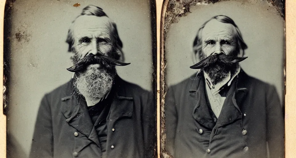 Image similar to a dry plate photograph of a grizzled old sea captain with a walrus mustache