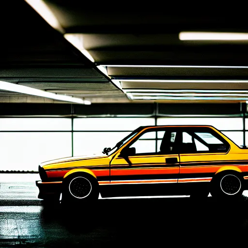 Image similar to a modified bmw e 3 0 with lights on in a futuristic neon parking garage, 3 5 mm photography, car photography, clean lines, realistic