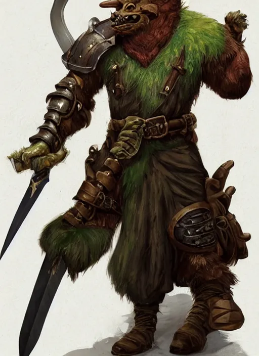 Image similar to strong young man, photorealistic bugbear ranger holding sword, fire magic, black beard, dungeons and dragons, pathfinder, roleplaying game art, hunters gear, jeweled ornate leather and steel armour, concept art, character design on white background, by norman rockwell, makoto shinkai, kim jung giu, artstation trending, poster art, colours red and green