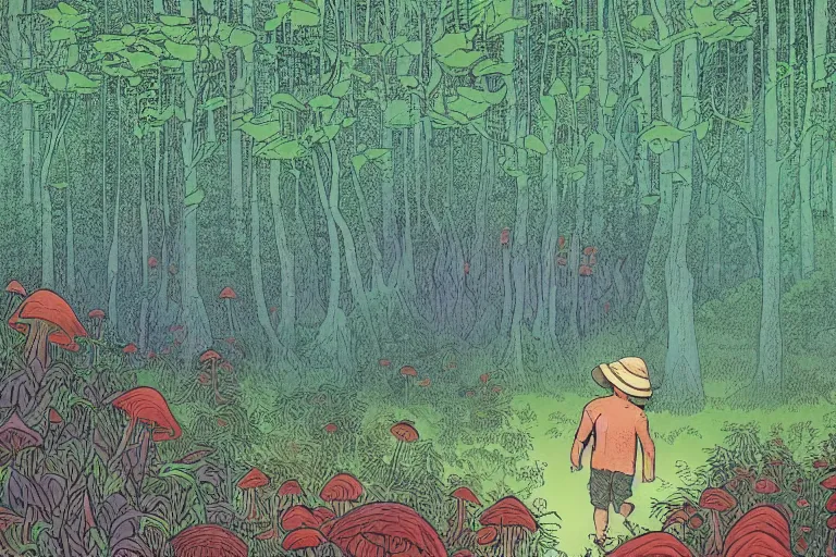 Image similar to a young boy with a hat entering a huge mysterious and fantasy forest with a distant clearing, large openpath, mushrooms, large trees, lush exotic vegetation, large rocks, glowing light, large bugs and fireflies, very graphic illustration by jean giraud and victo ngai, ultradetailed, clean line, color comics style, dynamic lighting, night