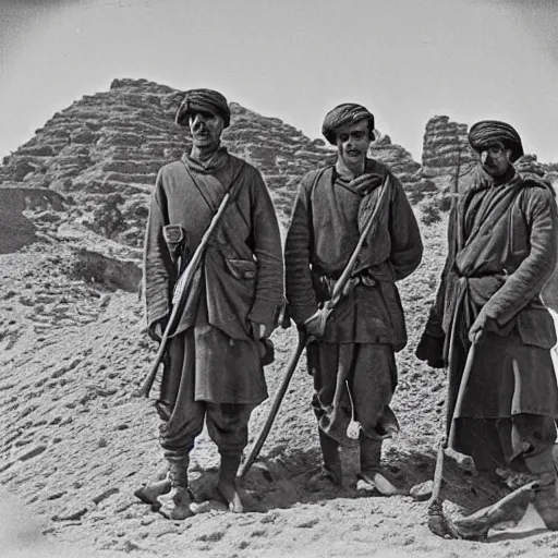 Image similar to ultra detailed photorealistic sepia - toned photo from 1 9 1 7, 5 clean - shaven british soldiers standing with bedouin traders in traditional arab garb, at an archaeological dig site in wadi rum, ultra realistic, painted, intricate details, lovecraft, atmospheric, dark, horror, brooding, highly detailed, by clyde caldwell