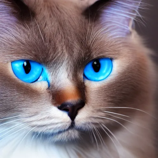 Prompt: studio photograph of a birman cat, bright blue eyes, warm brown colorpoints, hd, studio lighting, stock photo, longhaired, anatomically accurate