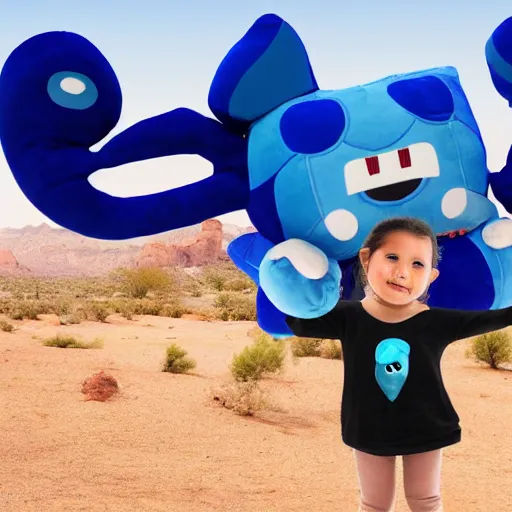 Image similar to blue'snappy gifts'logo human - sized plush doll, looking at the camera, in the desert, holding gift, happy atmosphere, high detail, 8 k