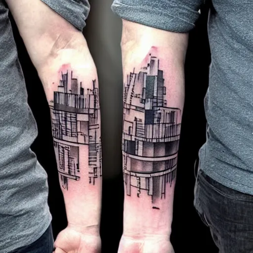 Prompt: dark urban architecture tattoo, tattoo on upper arm