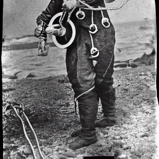 Prompt: photo of a diver wearing an old diving suit holding an electric guitar. detailed. colorized