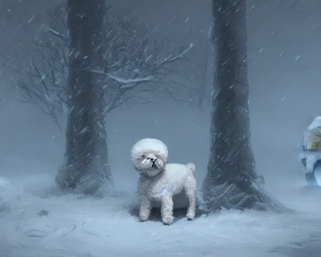 Image similar to prompt bichon battles through snowstorm with stomach scarred, digital painting, in the style of greg rutkowski, highly detailed