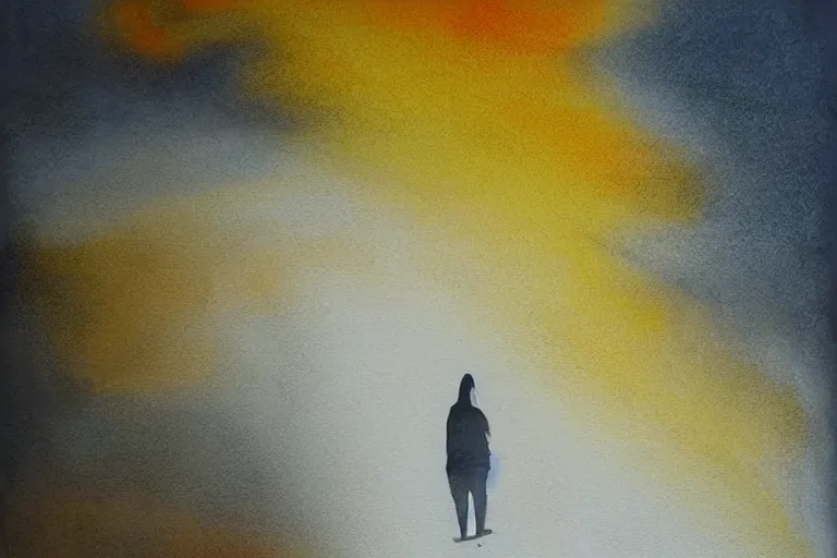 Image similar to beautiful serene walk to the top of the hill to see the wast horizon, healing through motion, life, minimalistic golden and ink airbrush painting on white background, pristine dream