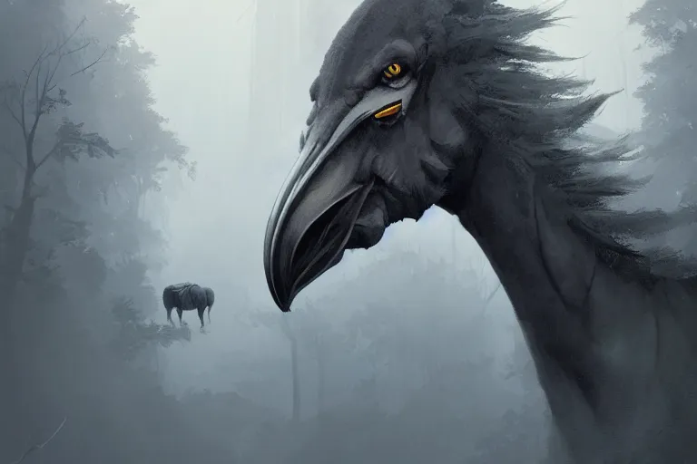 Image similar to horse merged with shoebill, digital art made by makoto shinkai, lois van baarle, greg rutkowski and jakub rebelka, highly detailed, symmetrical, extremely coherent, smooth, shaped focus, dystopian gray forest background, skull