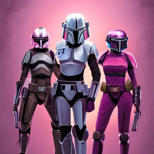 Image similar to bo katan, koska reeves, and a very fancy female mandalorian in a pink suit and bedazzled helmet. digital art. photo realistic. 4 k. intricate. detailed. by krenz cush art simon fetscher.