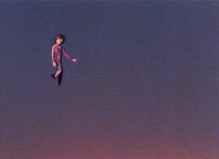 Image similar to a still from a 1 9 8 5 film with a man lifelessly floating 1 0 feet above the ground at night