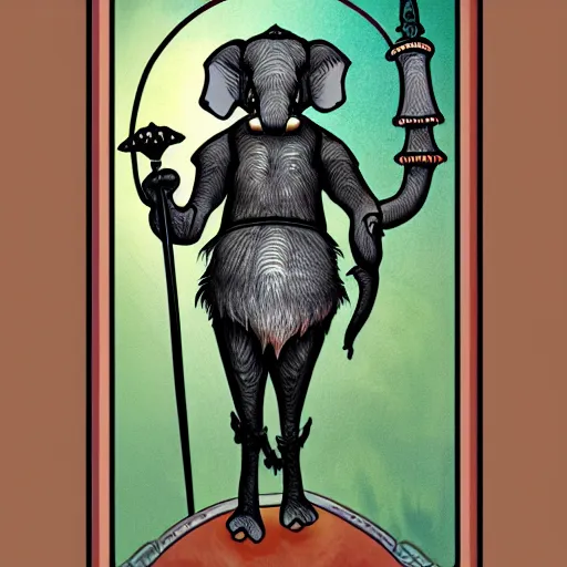 Prompt: anthropomorphic humanoid elephant knight, tarot card style, fantasy illustration