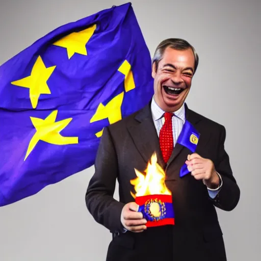 Image similar to nigel farage laughing holding burning eu flag, studio photograph, hd, studio