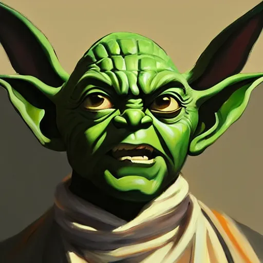 Image similar to greg manchess portrait painting of evil yoda as overwatch character, medium shot, asymmetrical, profile picture, organic painting, sunny day, matte painting, bold shapes, hard edges, street art, trending on artstation, by huang guangjian and gil elvgren and sachin teng