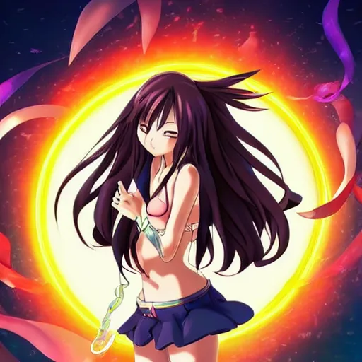 Prompt: anime style, vivid, expressive, full body, 4 k, painting, a cute magical woman with a long wavy black hair at beach, stunning, realistic light and shadow effects, centered, simple background, ikki tousen