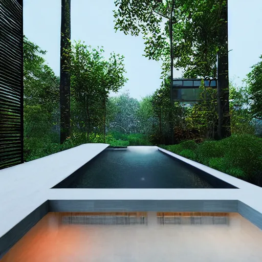 Image similar to contemporary house in the forest, lights inside, foliage, square pool, unreal engine, textures, detailed, realistic