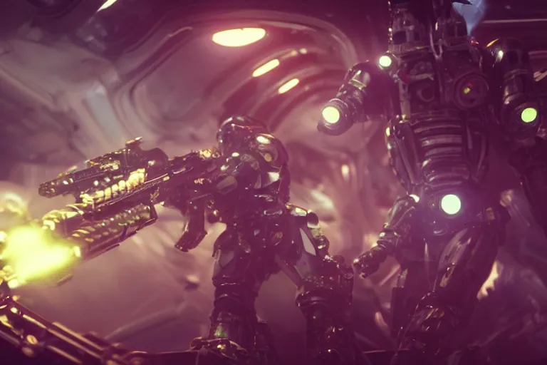 Image similar to VFX movie of a futuristic inhuman alien spacemarines in future spaceship, firing gun at space pirates detailed creature skin neon lighting by Emmanuel Lubezki