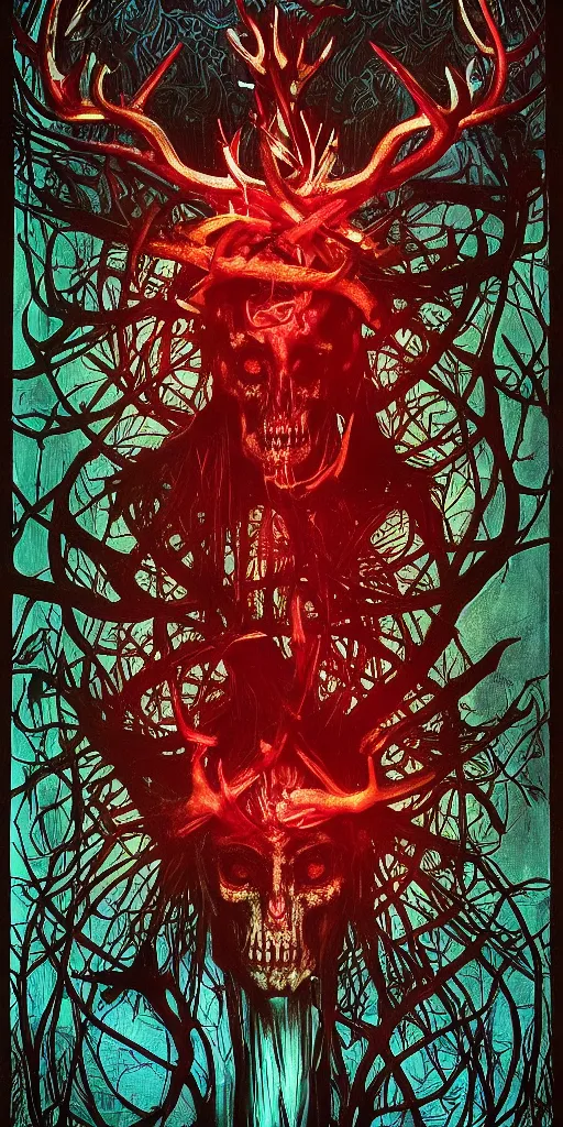 Image similar to intense glowing black metal pagan god with antlers and blood and intense glowing eyes with a bull skull in very dark forest by giger and alphonse mucha, portrait, fantasy, clear, red and teal and shining gold, light beams, lens flare, intense, uhd, amazing depth, cinematic lighting