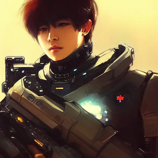 Image similar to award winning, extremely photorealistic, bokeh, beautiful detail, stars in the sky, cybernetic, sci-fi space game art, jeon Jungkook holding a gun. alien planet art by Akihito Yoshitomi AND Yoji Shinkawa AND Greg Rutkowski, Mark Arian trending on artstation