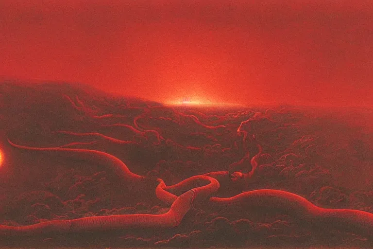 Image similar to a detailed landscape, demonic sky with glowing red snake eyes by Zdzisław Beksiński