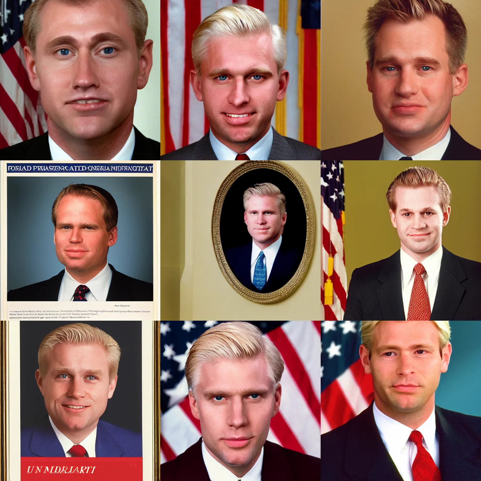Prompt: official portrait of the united states president, 1994. He is a 35 year old white man with blond hair and a scar on his cheek.