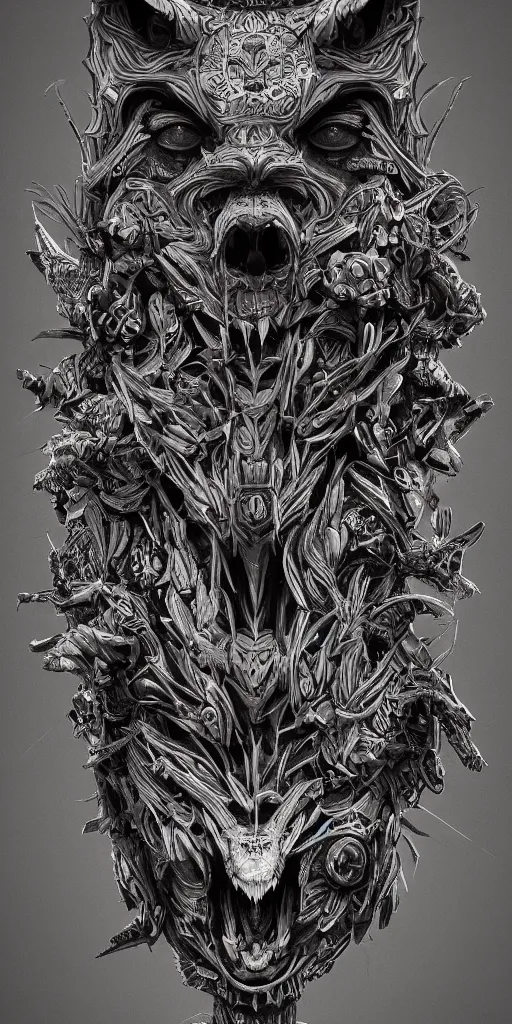 Image similar to A totem with a skull and an wolf, coherent, symmetrical, intricate, high detail, digital painting, hyper realism, octane render, 4k, trending on artstation